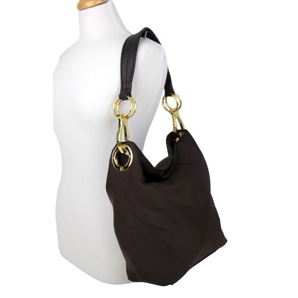 JPK PARIS 75 BROWN NYLON BROWN GENUINE LEATHER STRAP SHOULDER BAG HANDBAG PURSE - Picture 3 of 12